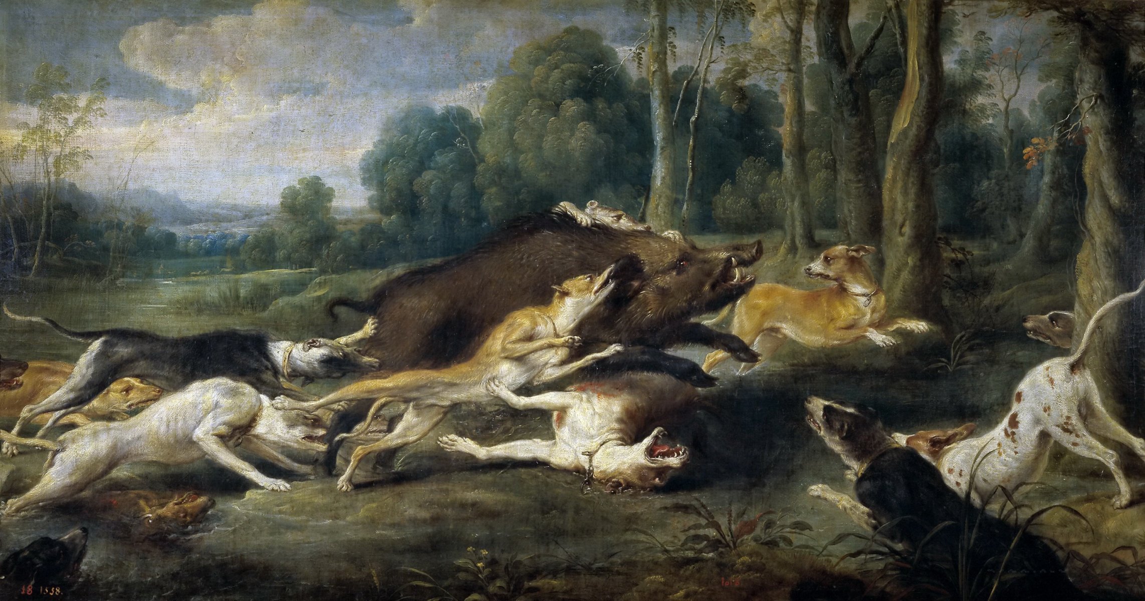 arte pittura età d oro caccia cinghiale cani