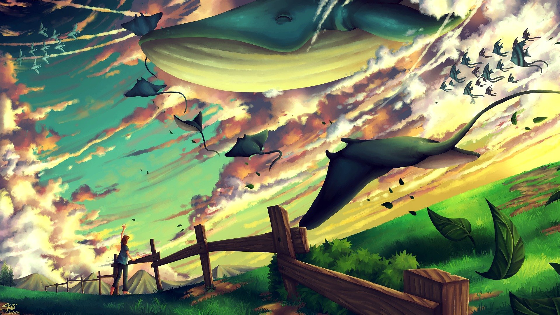 art fantasy guy fish fish whale rays fence emotions greenery flight leave