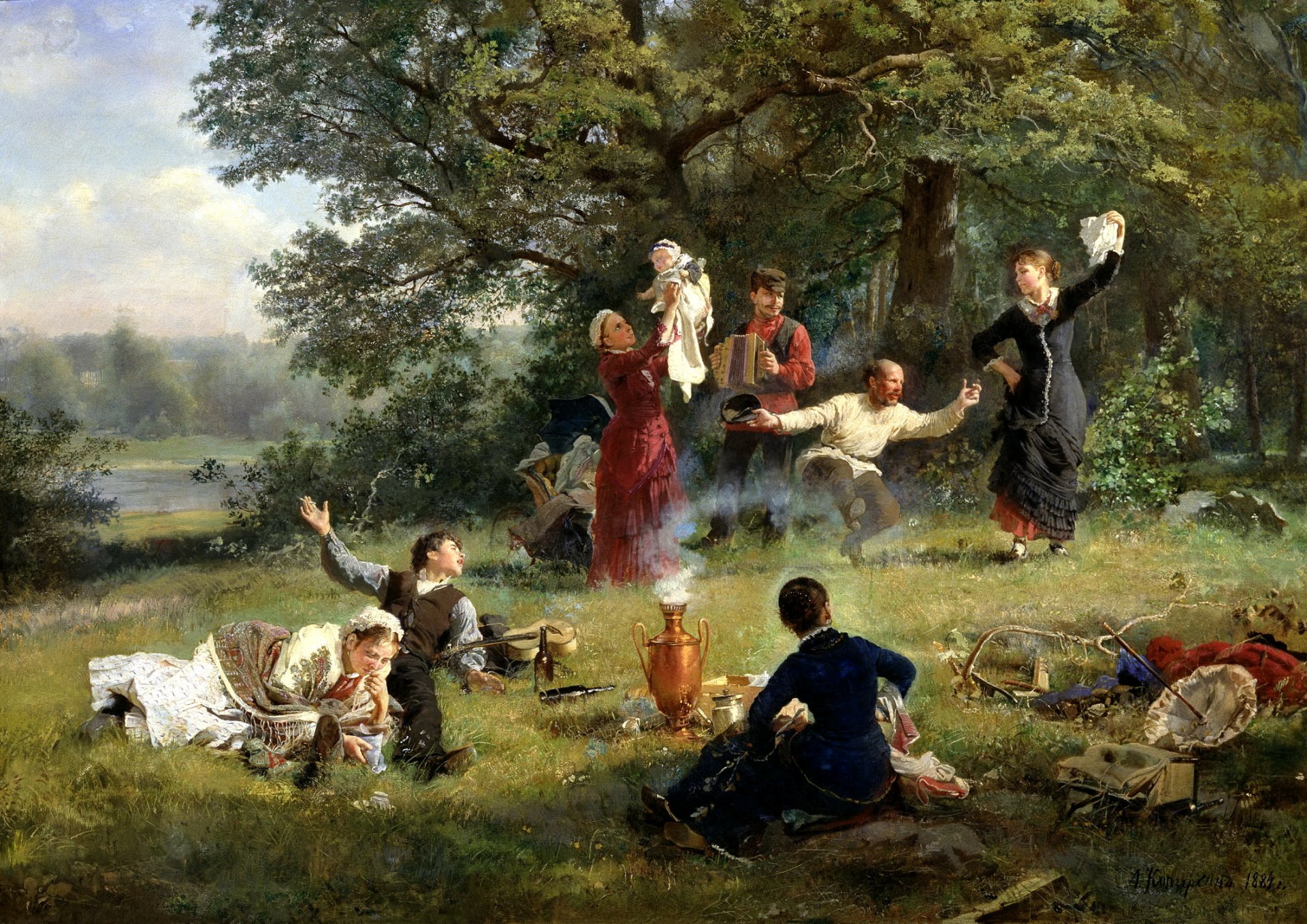 painting korzukhin sunday pattern canvas the situation picnic nature people accordion