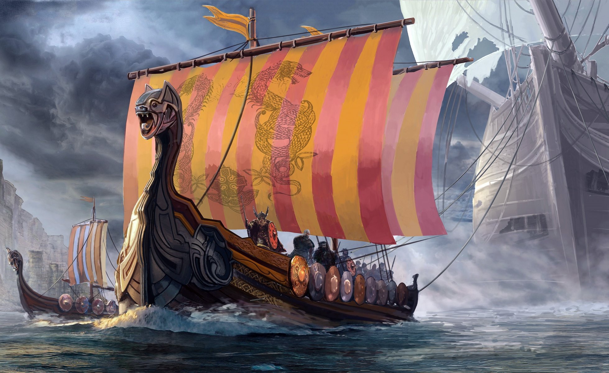 drakkar navire dragon marins vikings mer vagues ciel