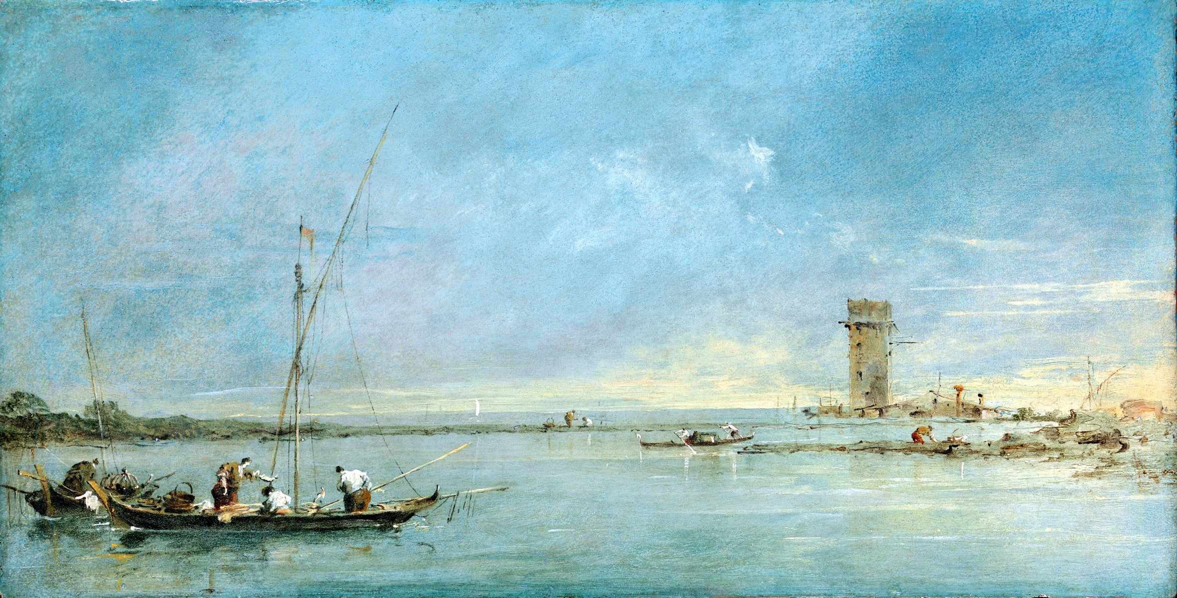 francesco guardi vista della laguna veneziana dalla torre di malger pittura paesaggio cielo mare barca persone