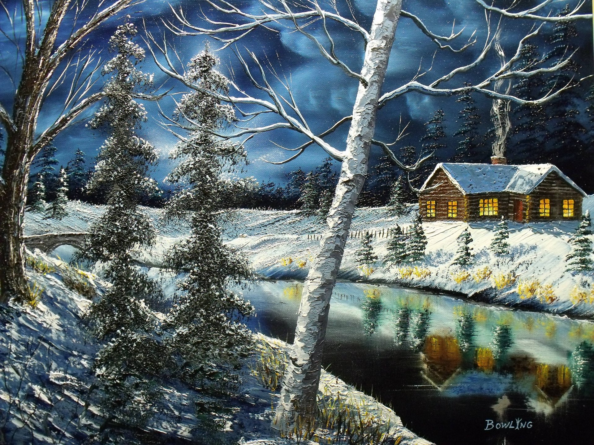 pintura casa ventanas invierno árboles río reflexión cielo lienzo