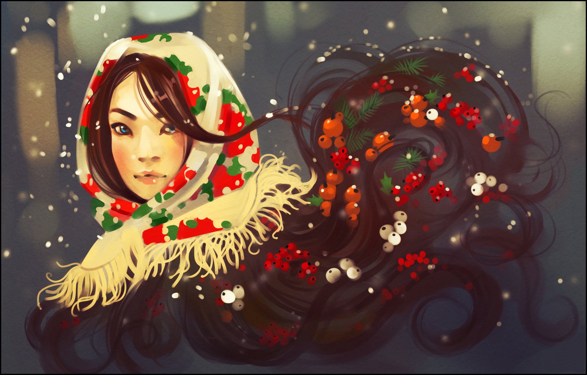 winter girl scarf hair berries face view