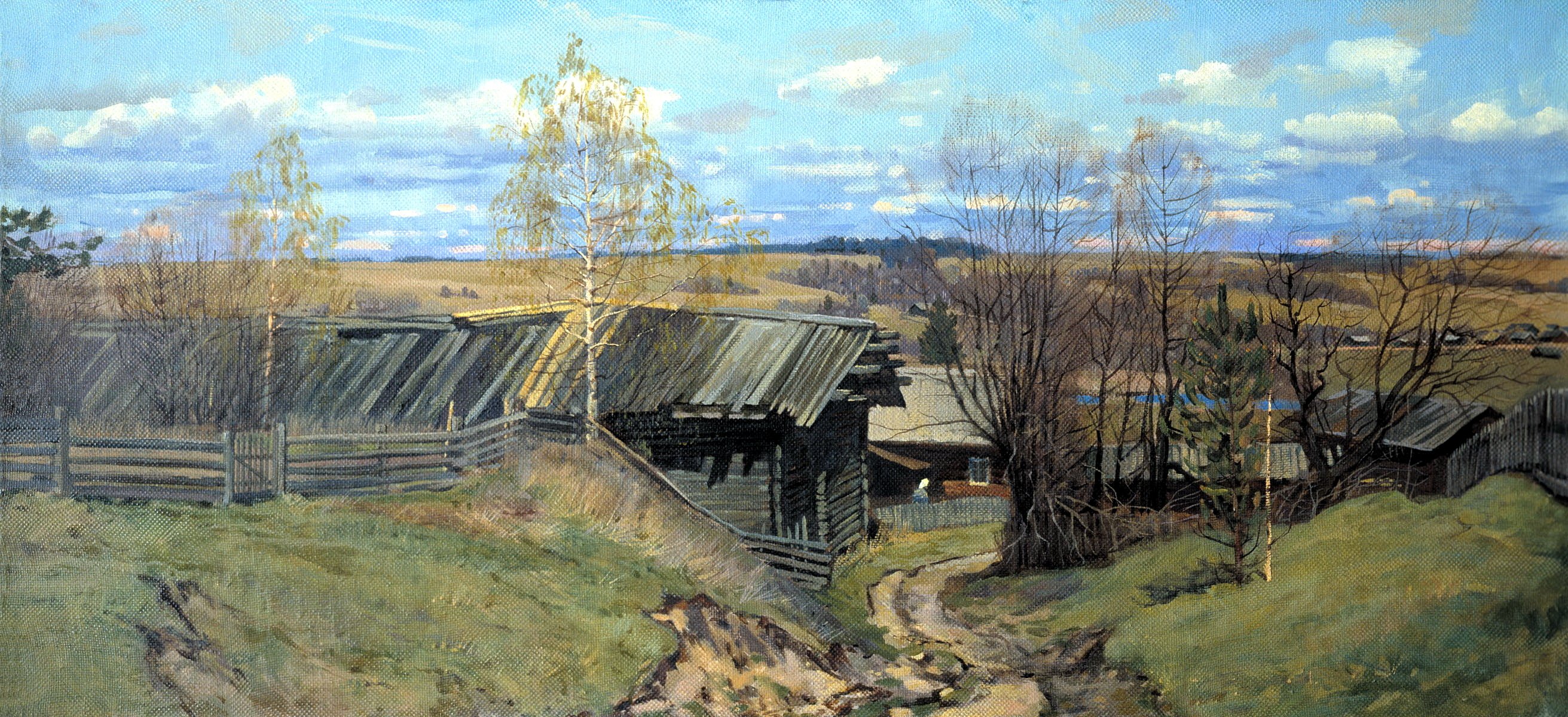 pittura anokhin lasciando la russia pittura paesaggio capanna alberi colline strada cielo nuvole