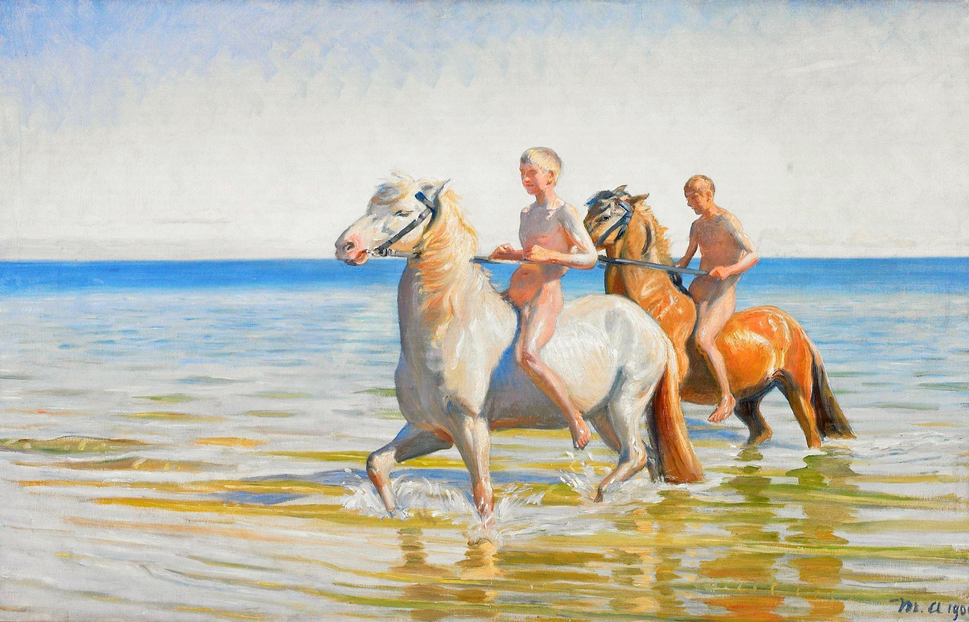 mikael anker pittura cielo mare cavallo nuoto ragazzo