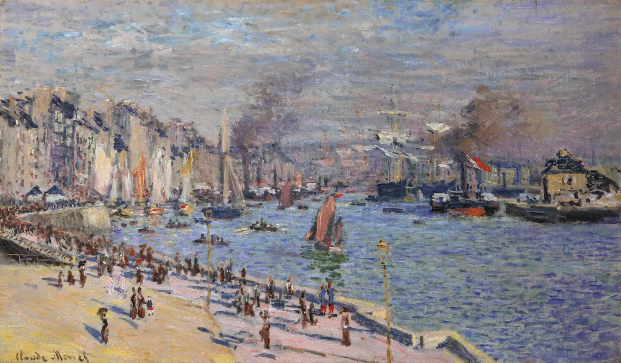 claude monet pittura paesaggio fiume città barca vela riva lungomare persone passeggiata motion piroscafo fumo nave barca a vela case cielo