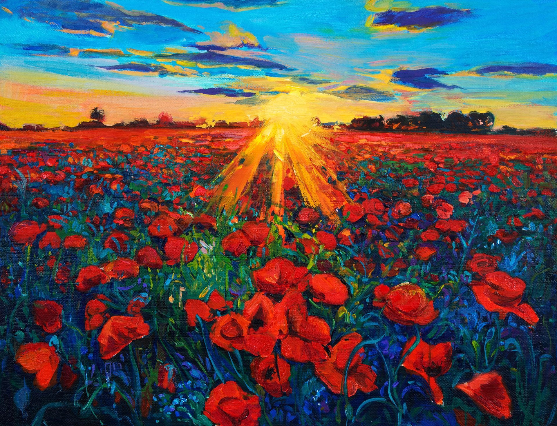 painting landscape flower nature sun sky