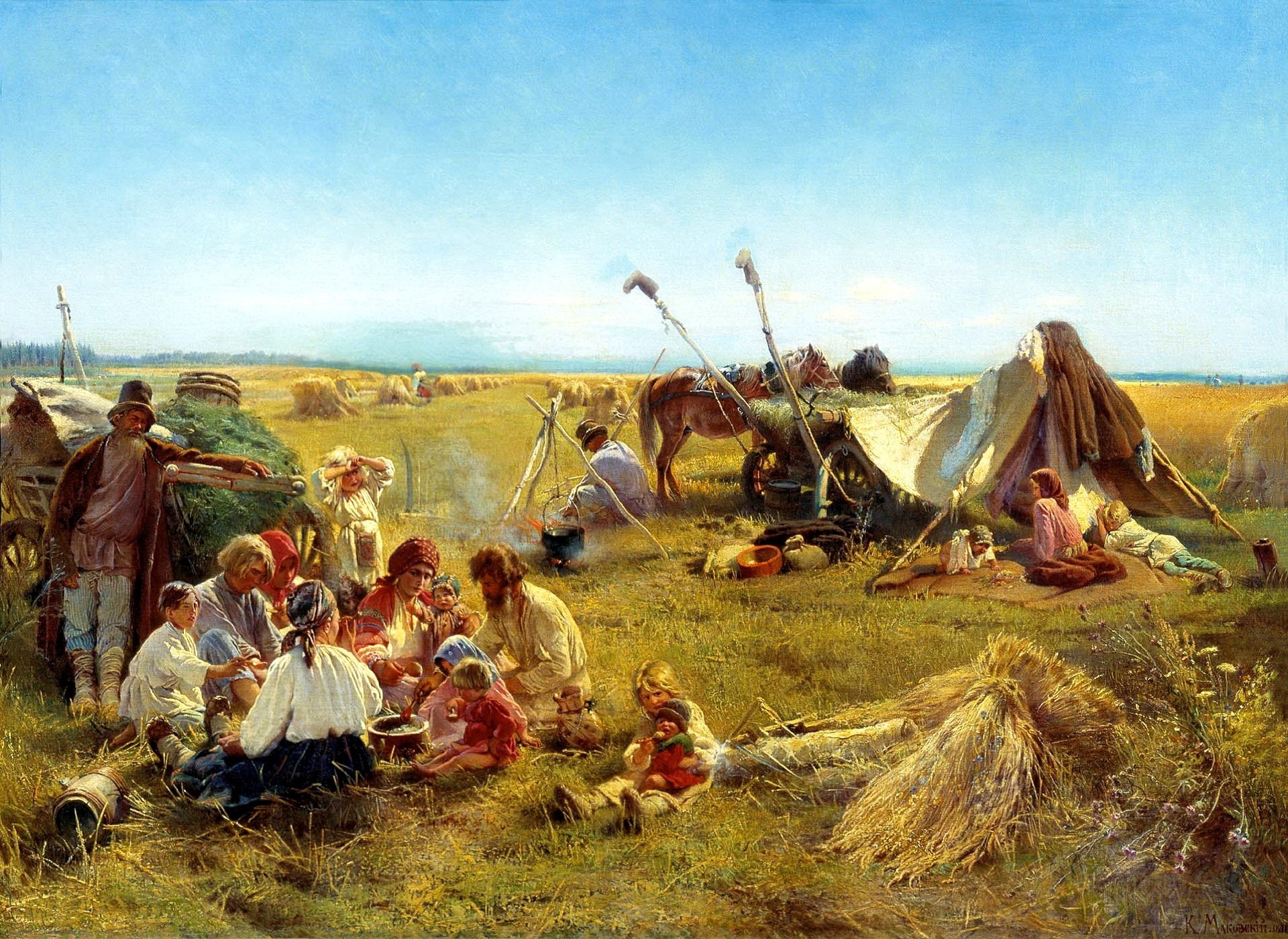 painting makovsky peasant lunch in the field pattern the situation people children pot food horse wagon bundle