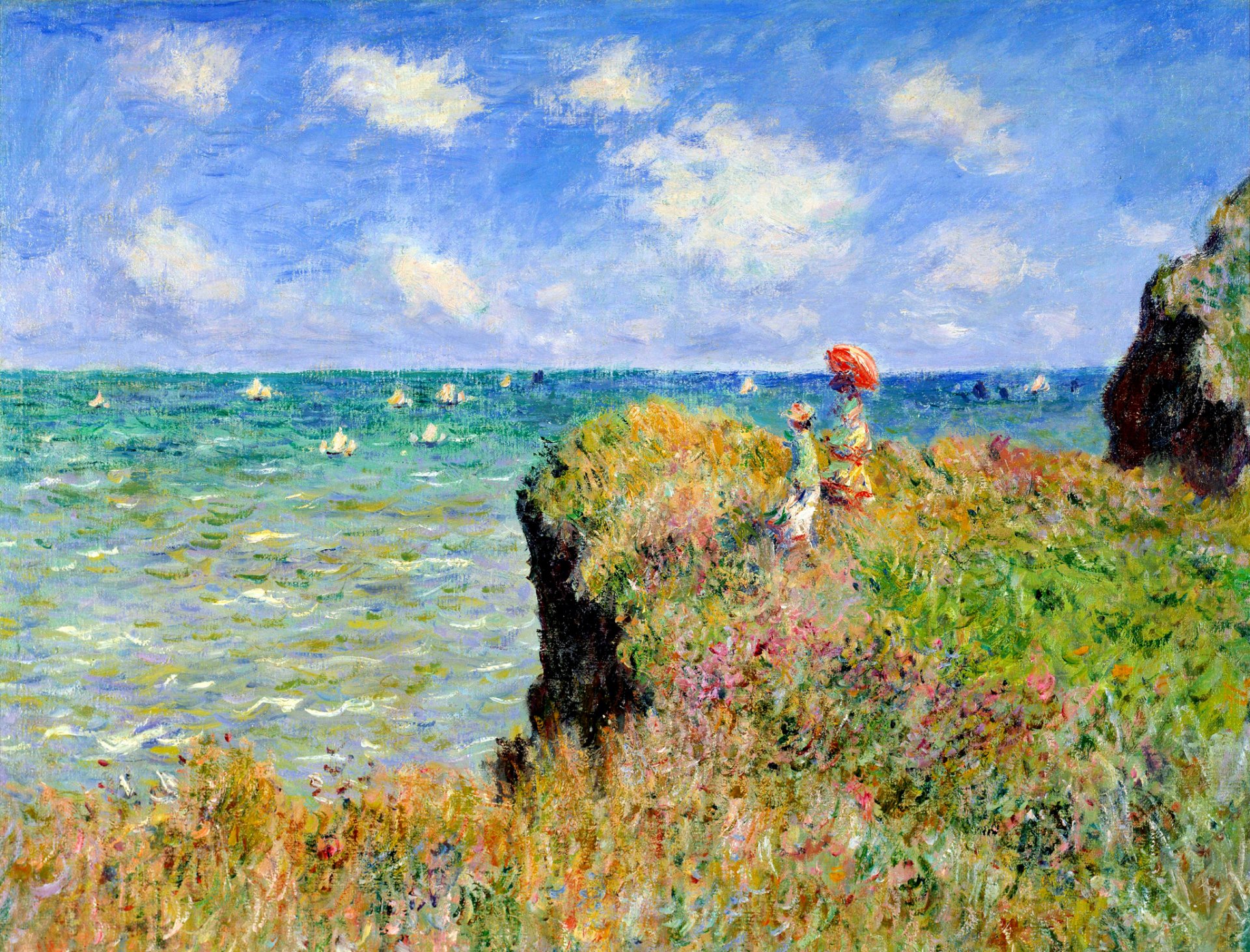 claude monet obraz krajobraz morze łódź żagiel skały trawa kwiaty