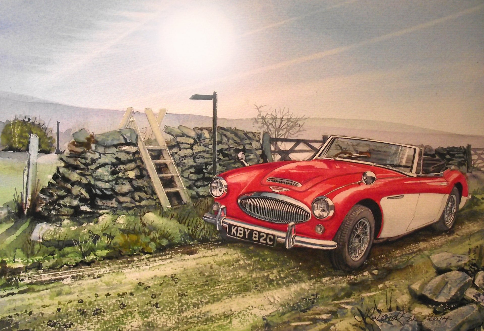 austin healey roadster classic machine road painting picture