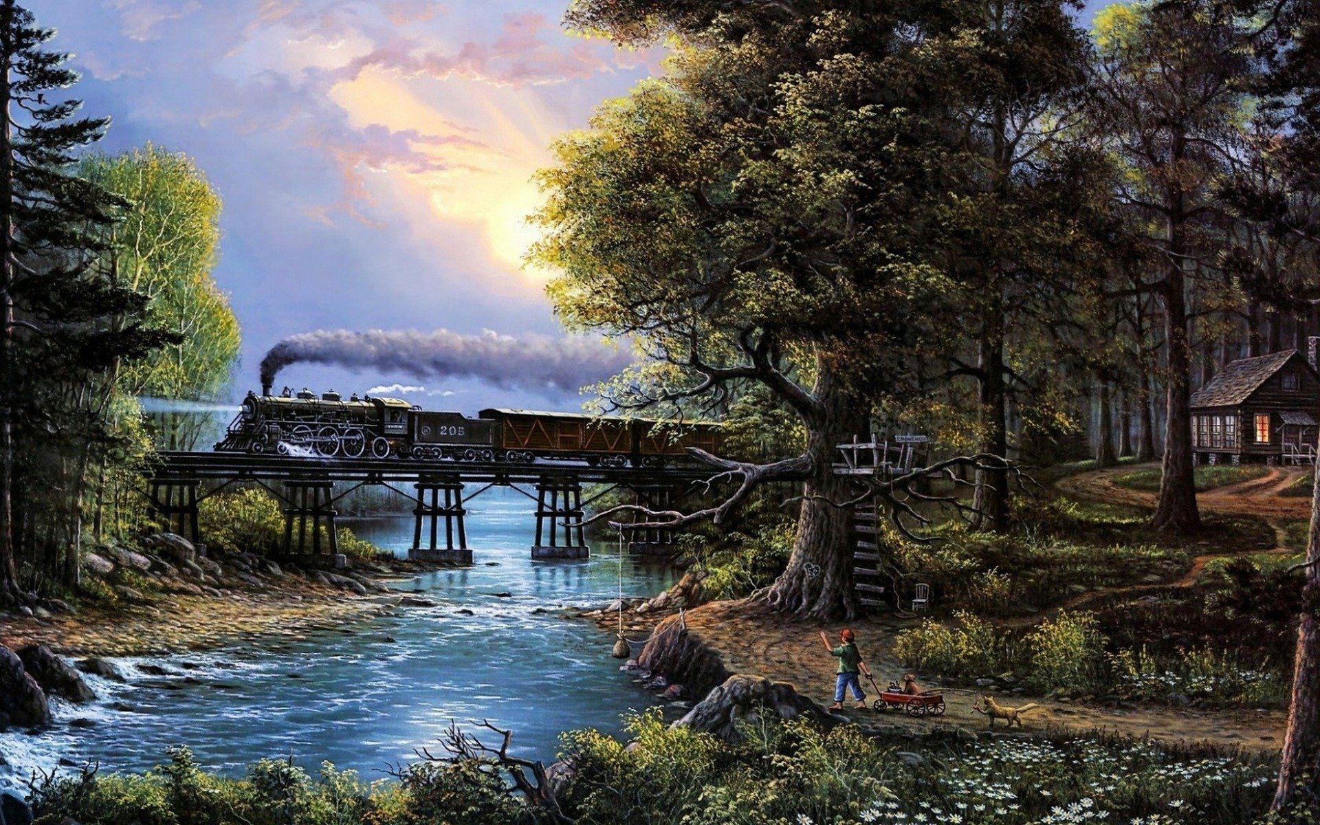 painting picture forest river steam engine sky