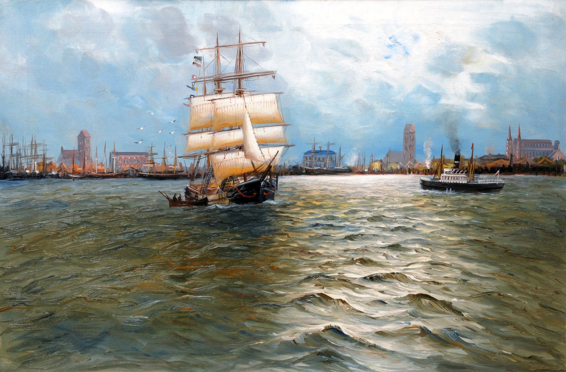 alfred jansen pintura paisaje mar cielo barco velero barco de vapor ciudad puerto