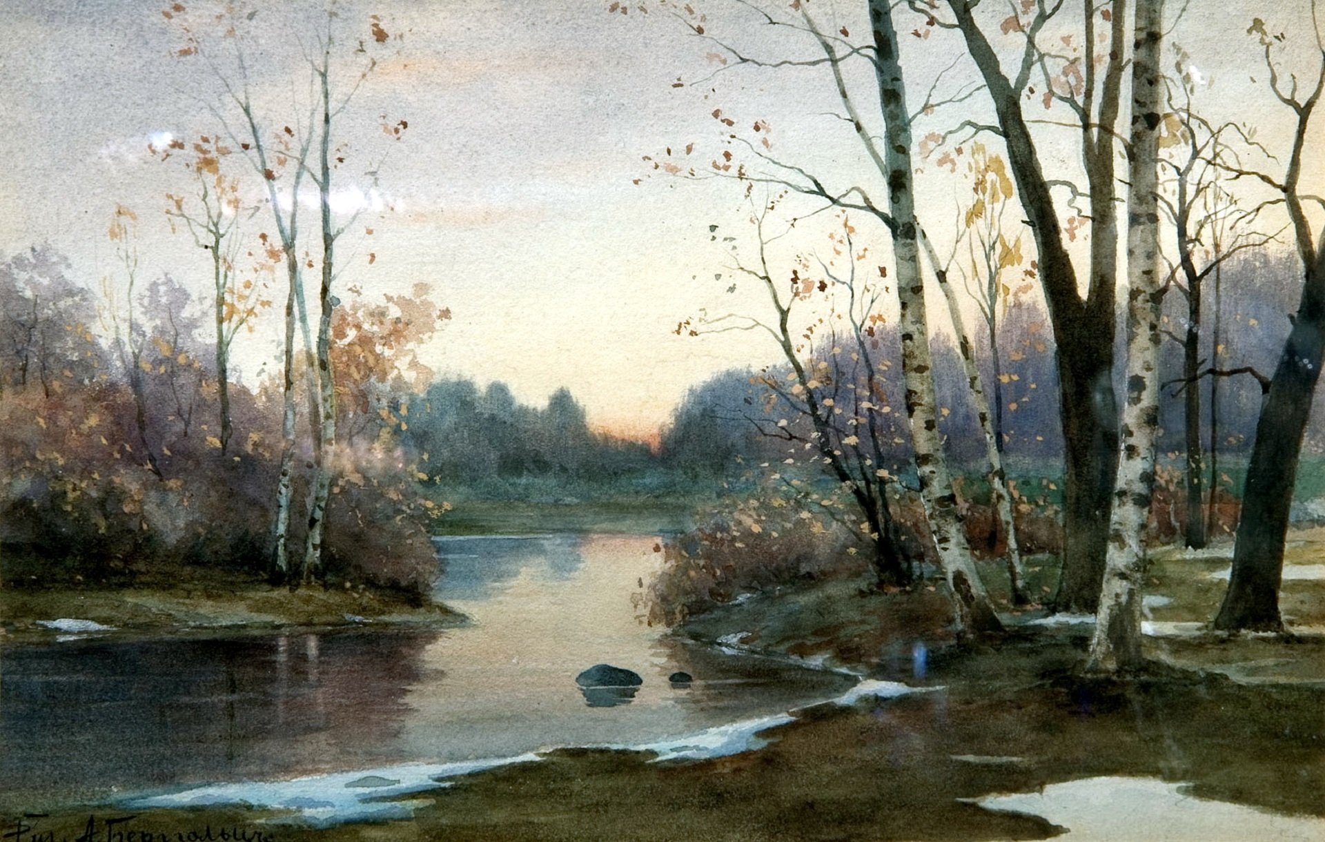 malerei bergholz herbst malerei landschaft stein bäume wald fluss wasser himmel