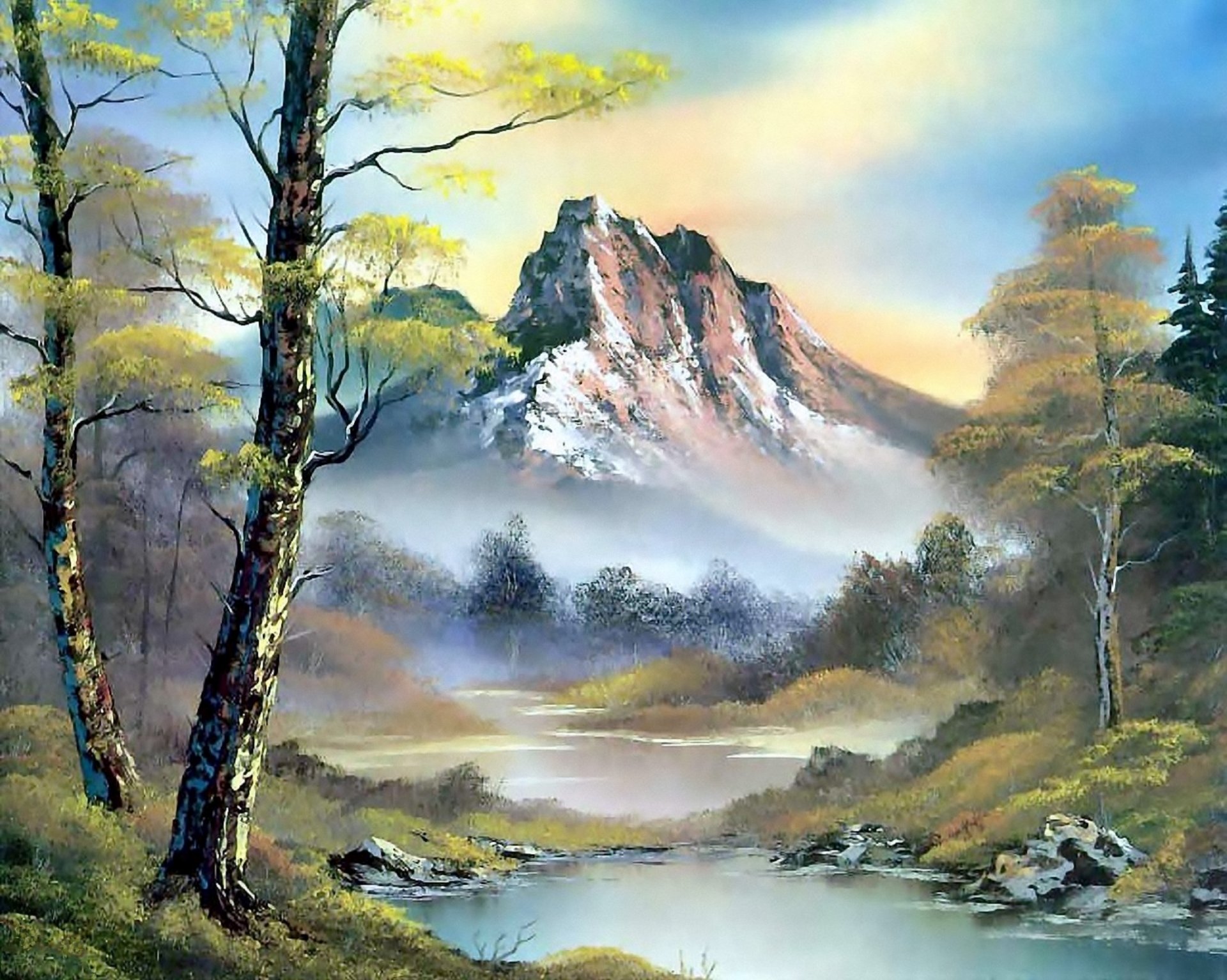 peinture bob ross peinture paysage nature montagnes rivière eau forêt arbres ciel nuages