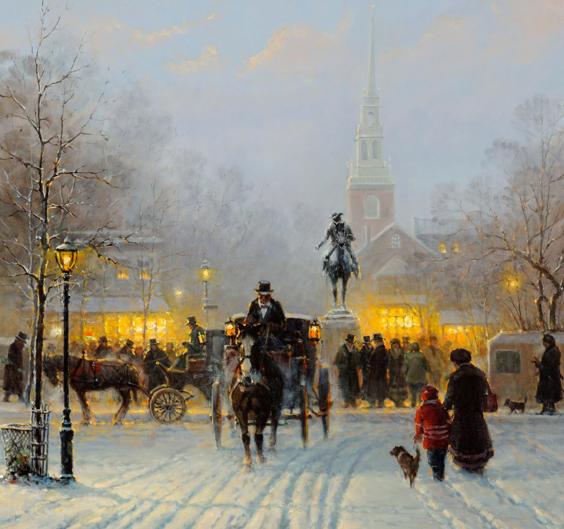 harvey g soirée d hiver dans le vieux boston peinture ville boston hiver monument neige gens carrosse