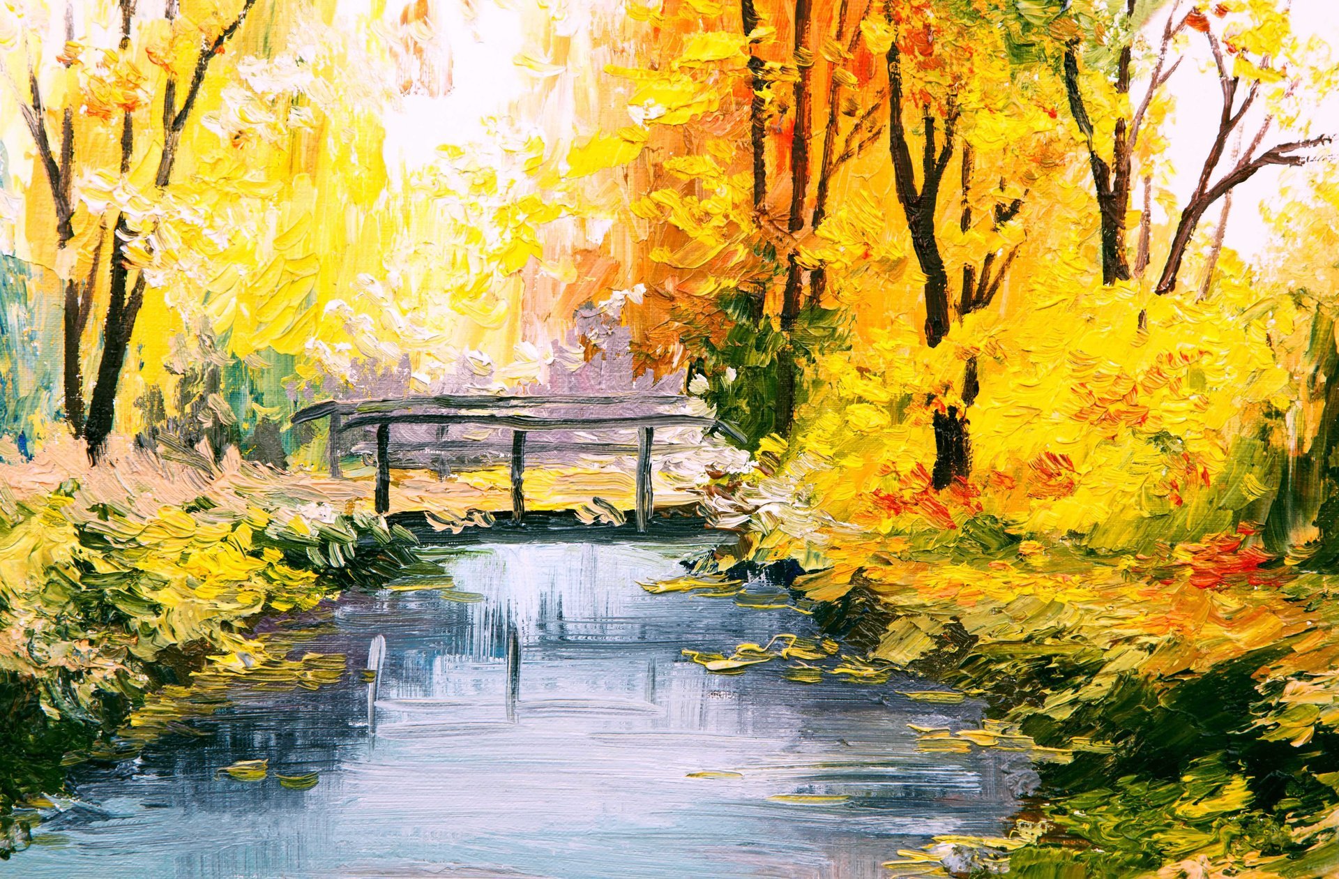 art painting pattern seasons colorful autumn forest park river bridge charm nature paint strokes canvas oil