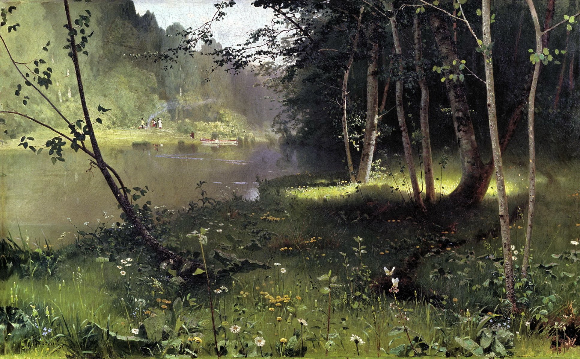 pittura dubovskaya fiume della foresta pittura acqua erba alberi riva farfalle barche persone