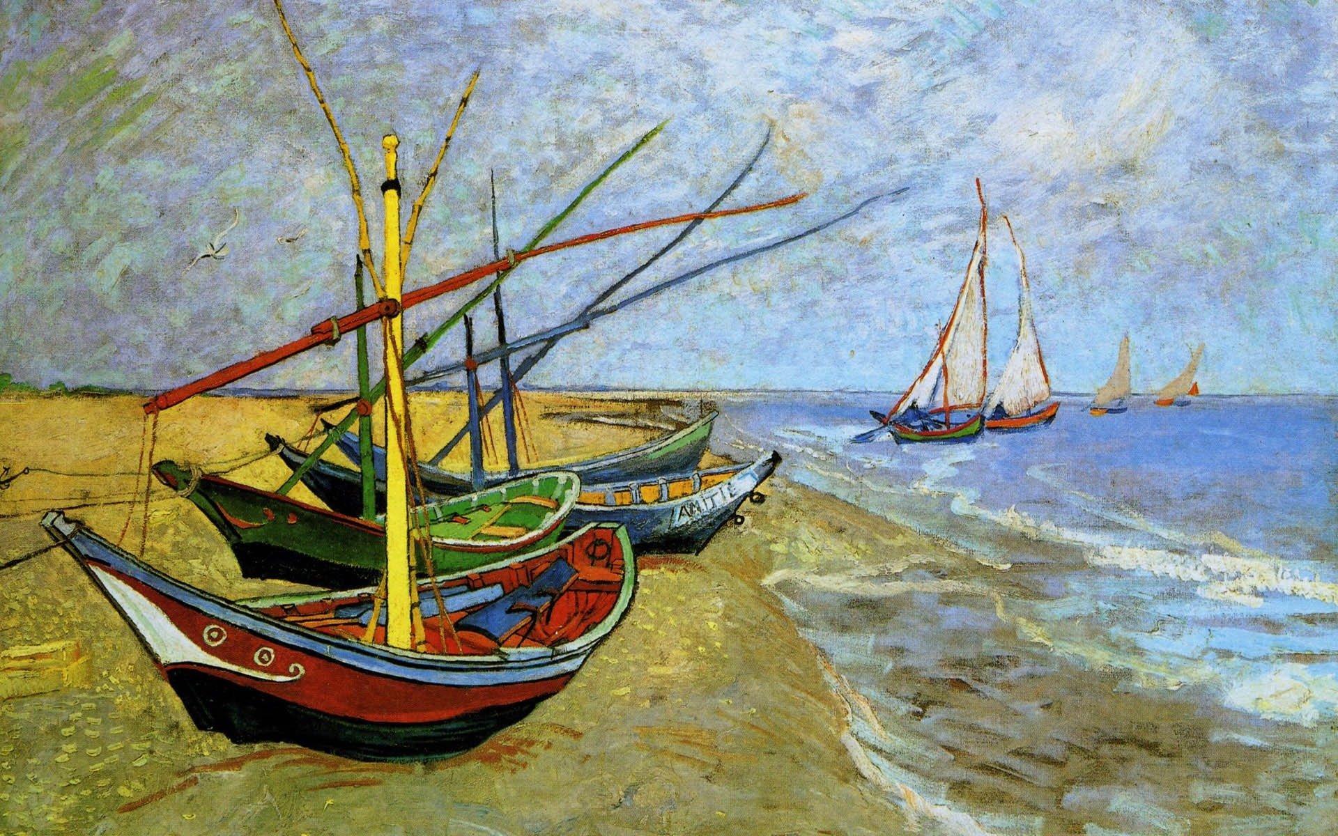 vincent van gogh pintura paisaje cielo mar barcos costa