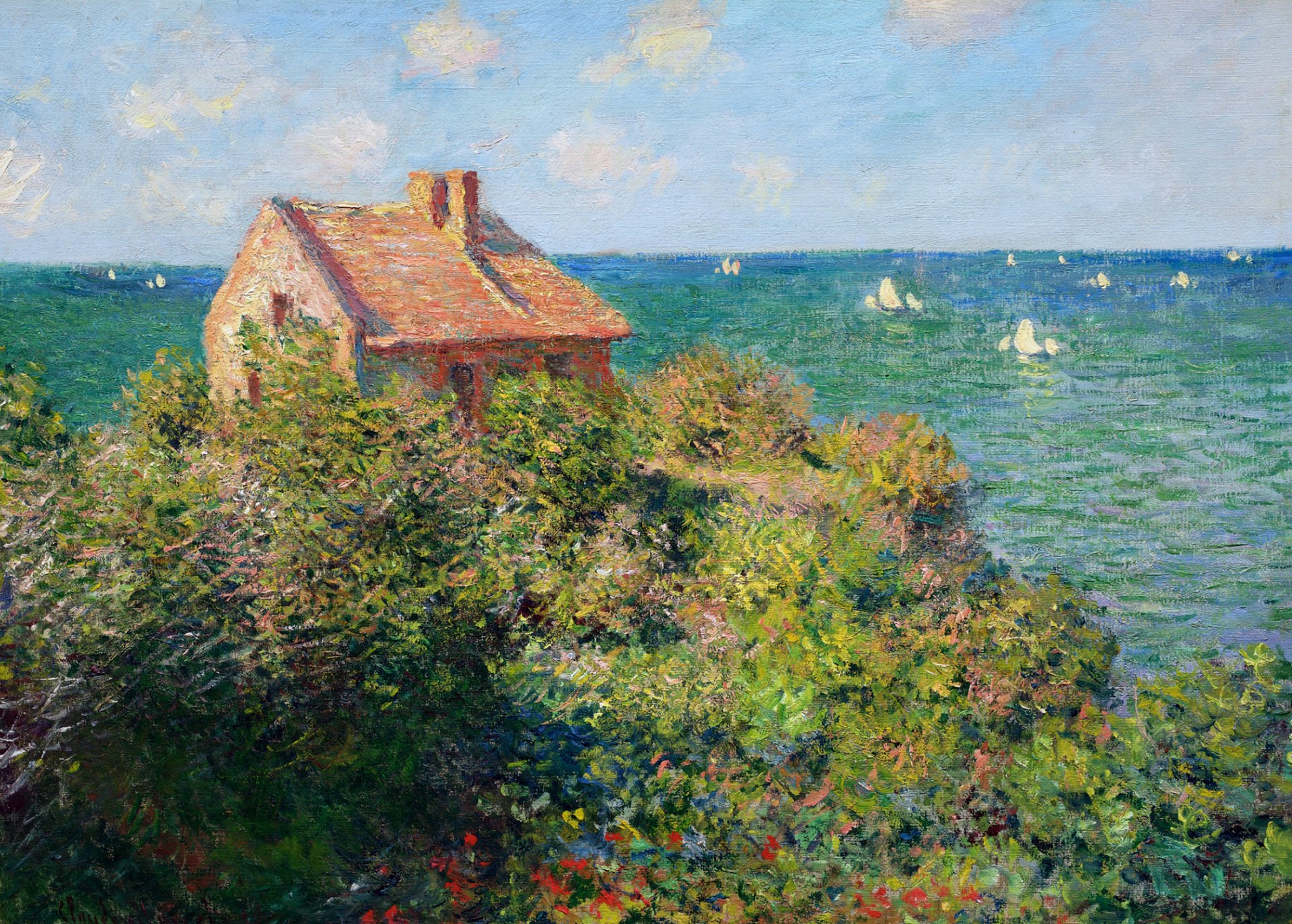 claude monet pittura paesaggio cielo nuvole casa barca vela