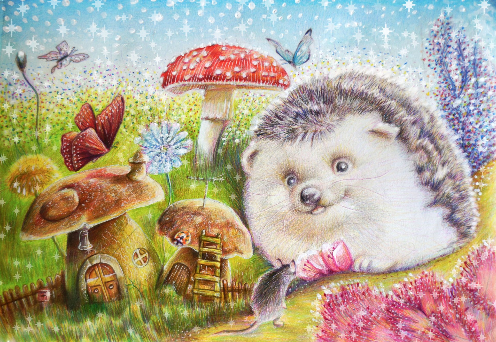 hedgehog art mouse mushrooms butterfly flower