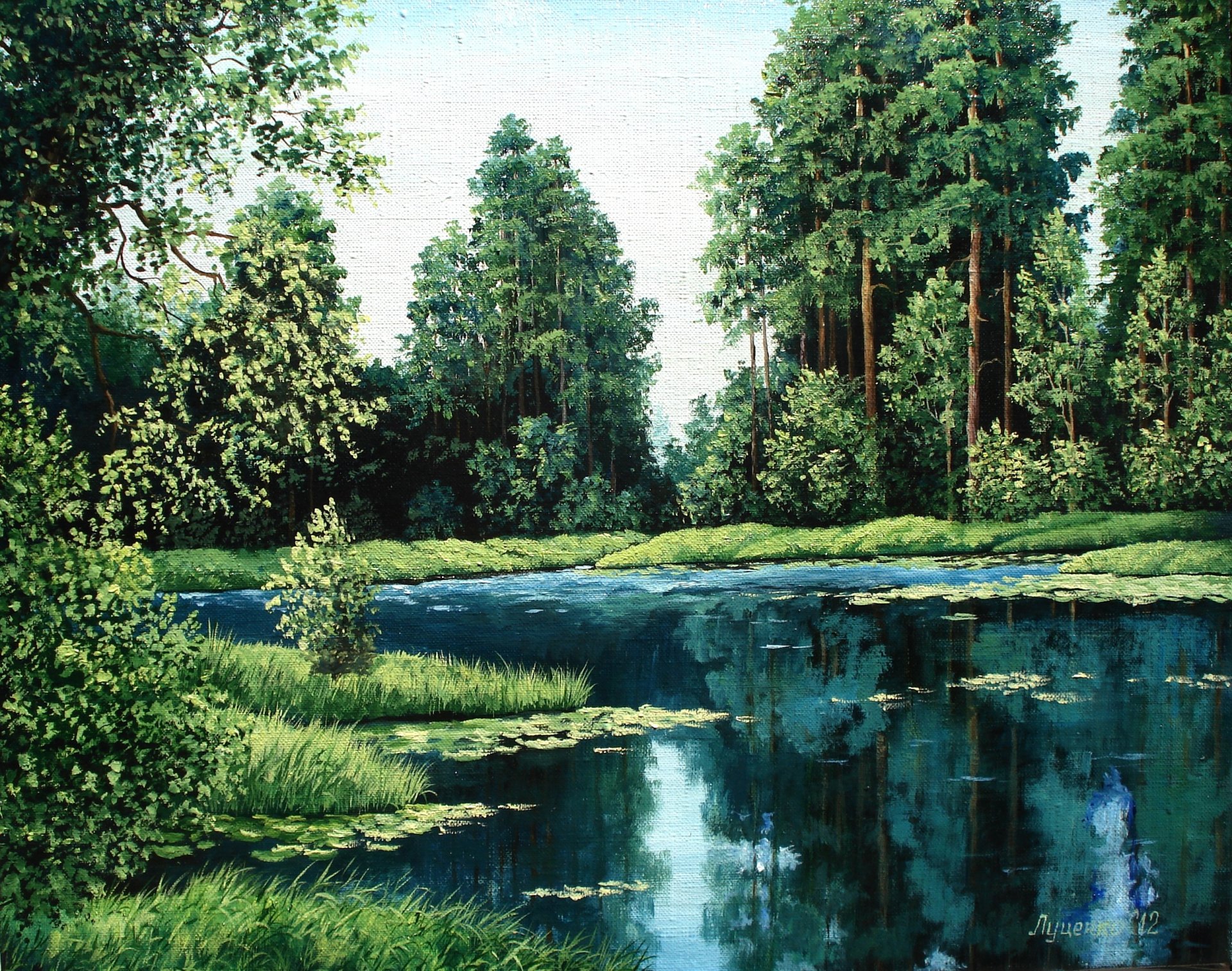 painting lutsenko pine pattern landscape nature tree forest lake water