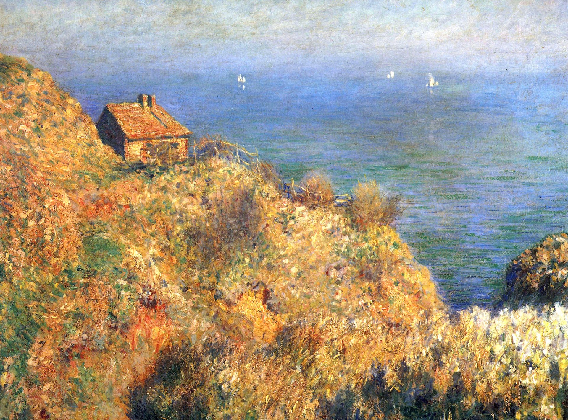 claude monet peinture paysage mer roches maison bateau voile