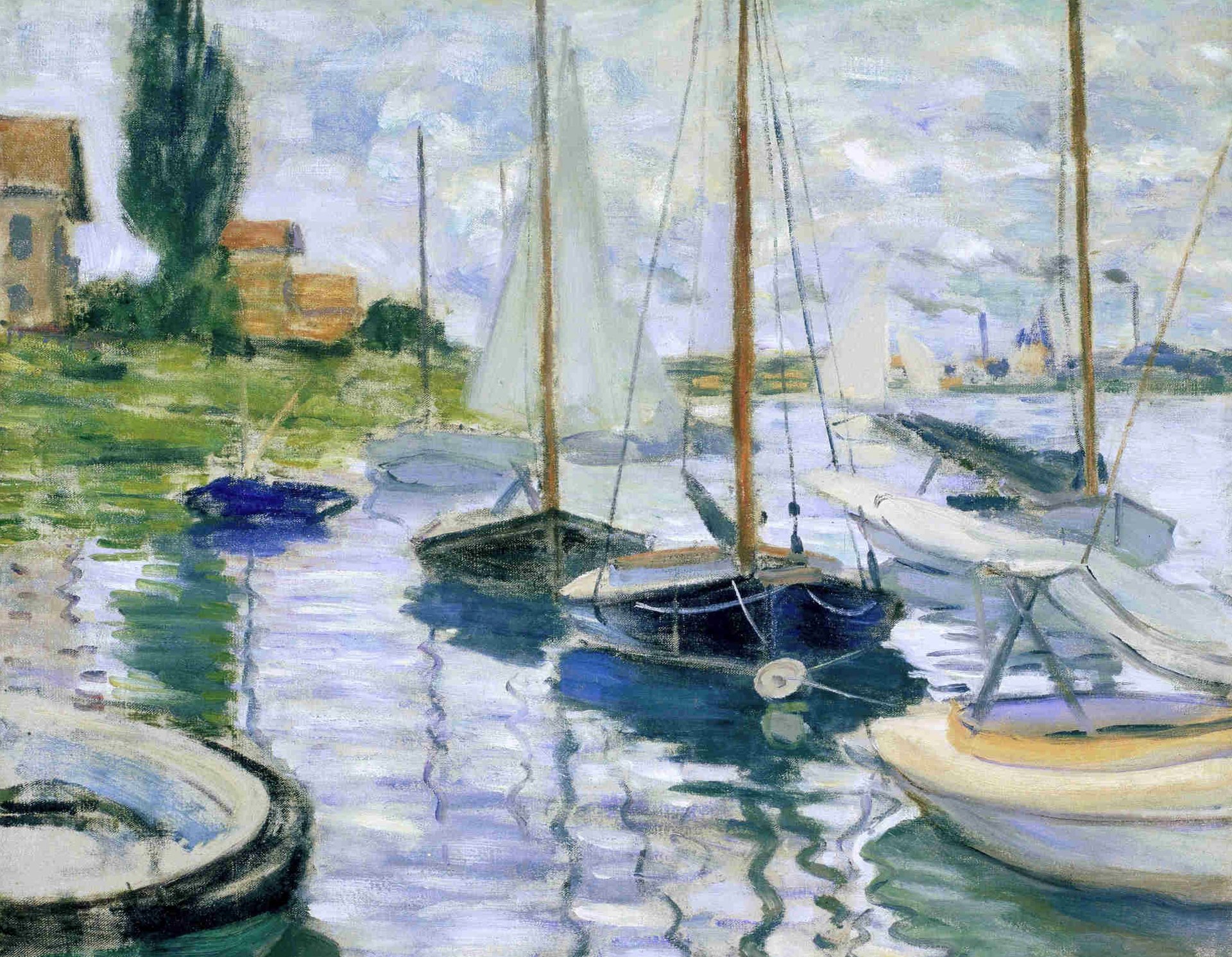 claude monet obraz krajobraz rzeka łódź żagiel dom