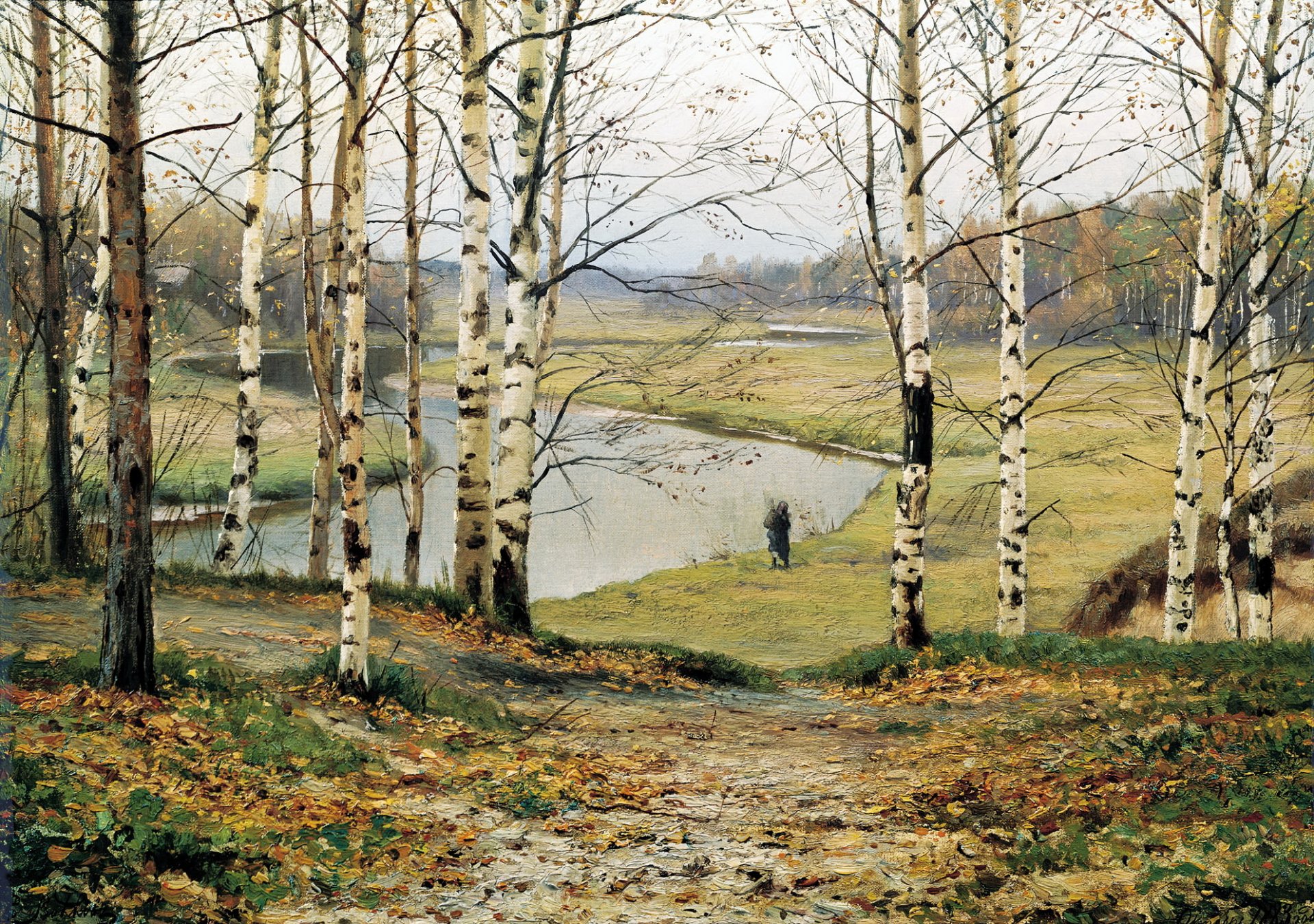 peinture loups octobre peinture paysage automne forêt arbres rivière eau rive homme figure