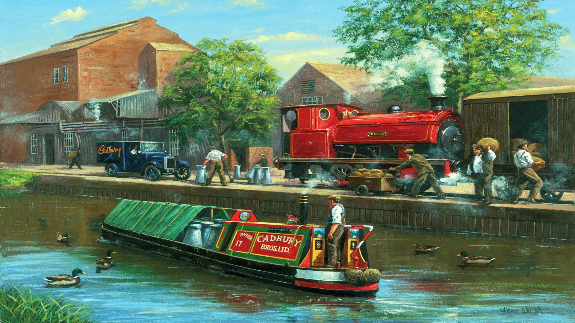 disegno pittura paesaggio canale chiatta anatre locomotiva auto città persone cadbury