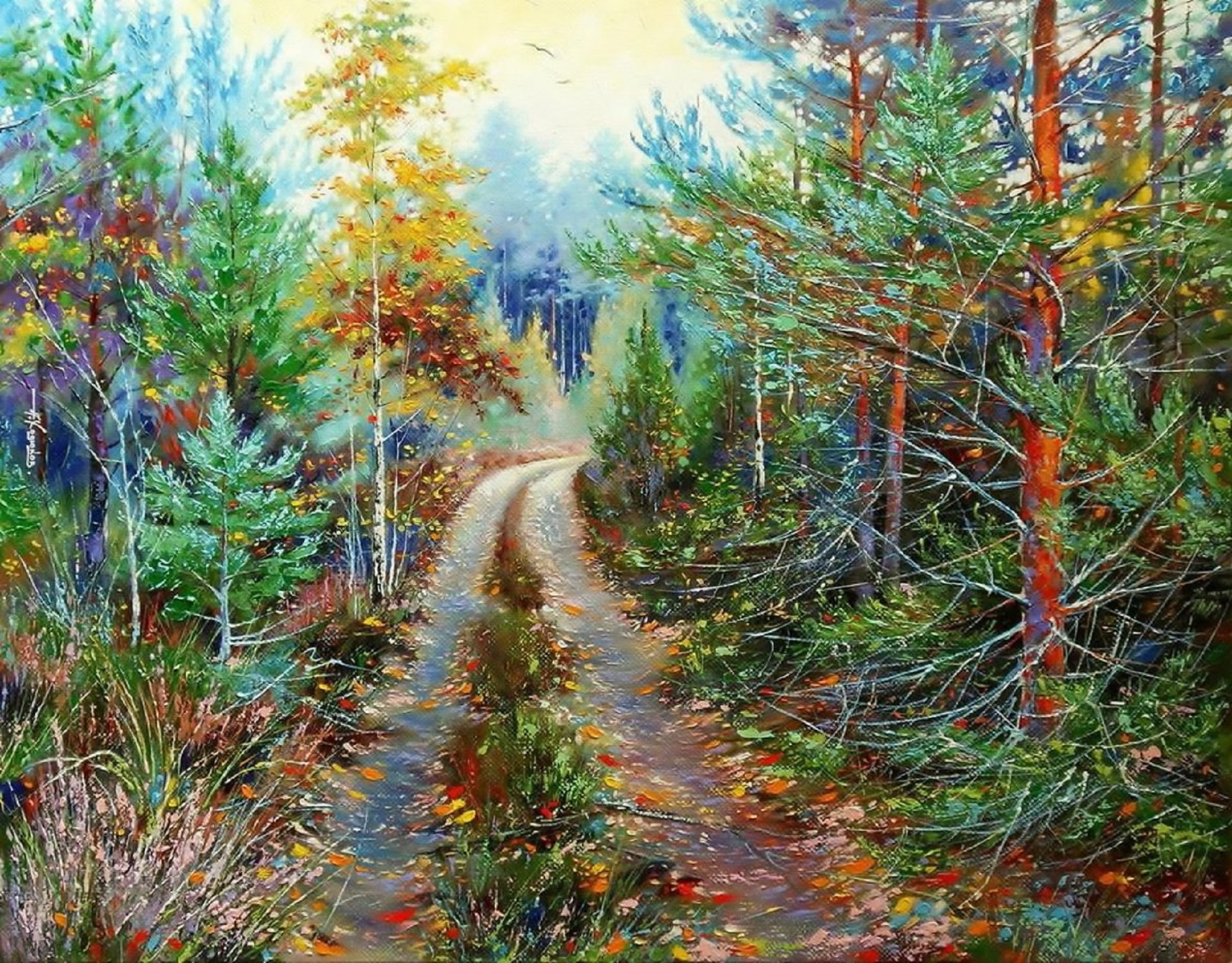 peinture khodyukov route de la forêt peinture huile sur toile paysage nature