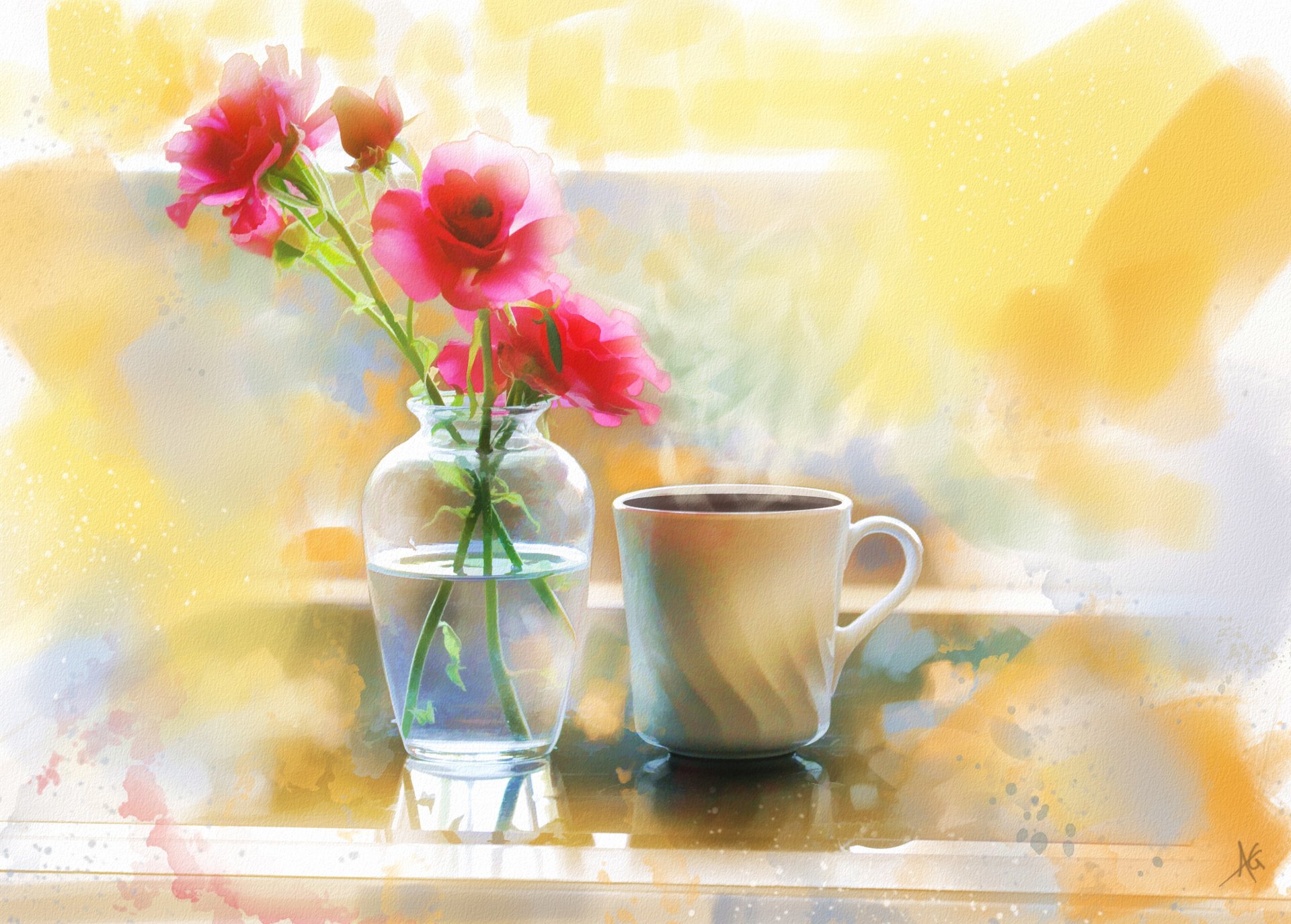 painting vase flower roses cup coffee