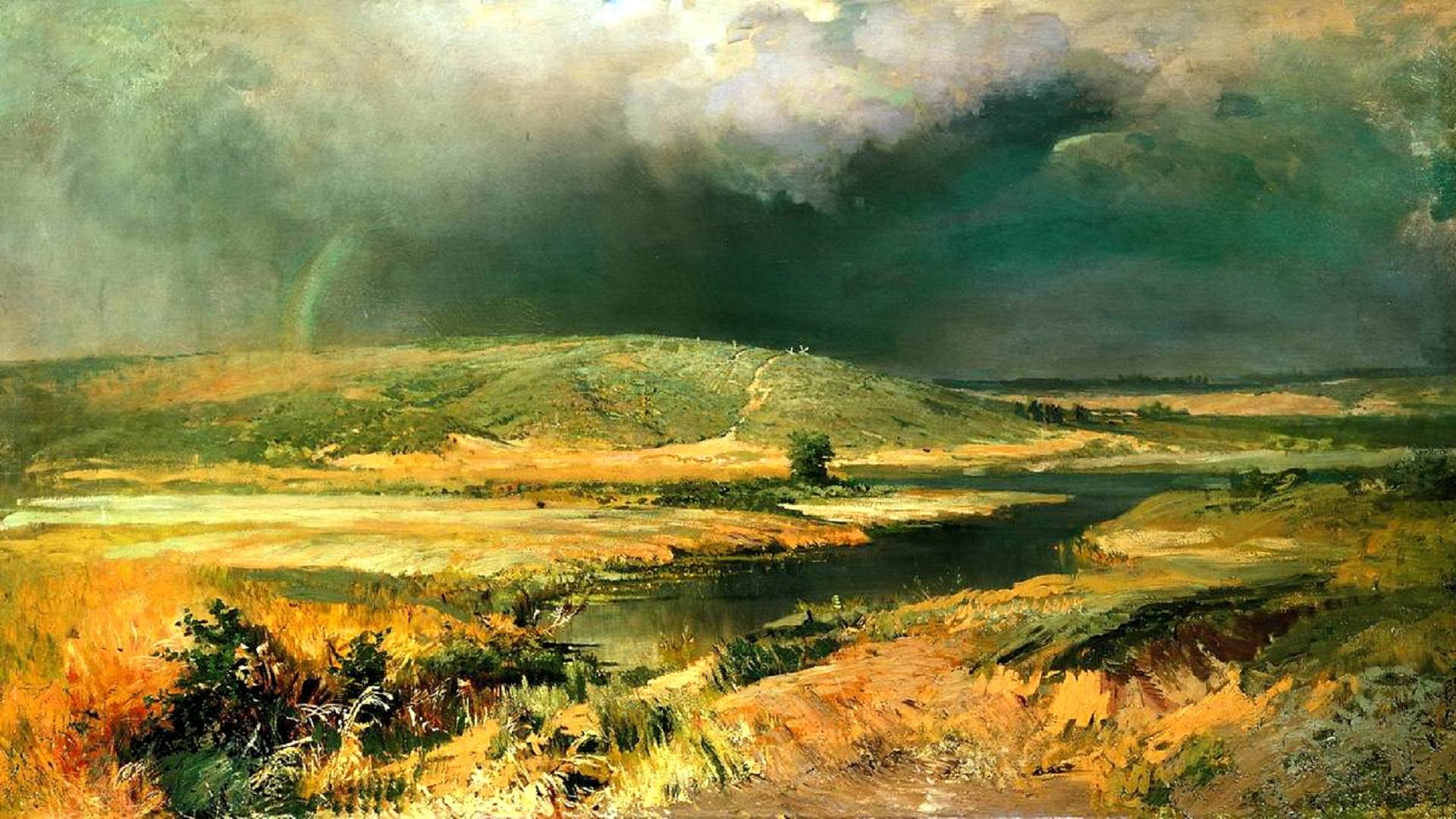 pittura vasiliev fyodor lagune del volga pittura paesaggio fiume acqua ruscello rive colline cielo nuvole nuvole