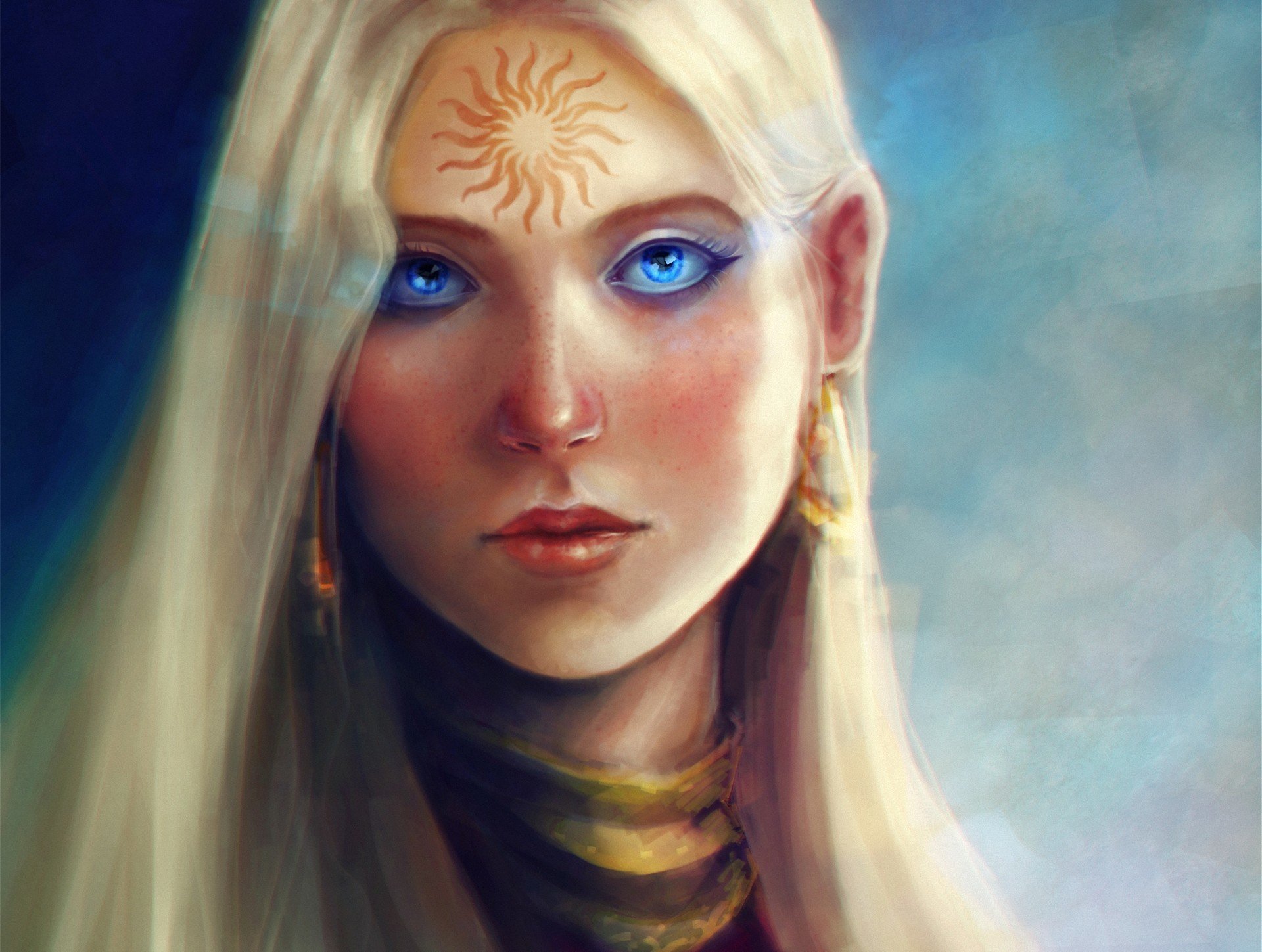 arte dragon age chica cara tatuaje patrón sol