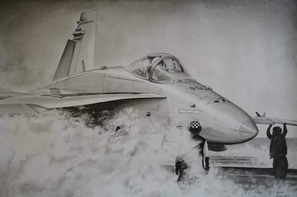 Pencil drawing of FA-18 hornet aircraft