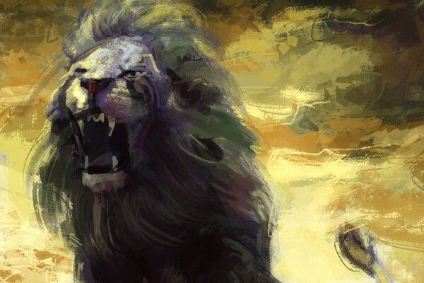 Peinture d un Lion avec une bouche ouverte