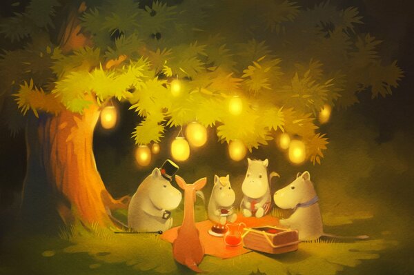 Moomins under a tree with lights