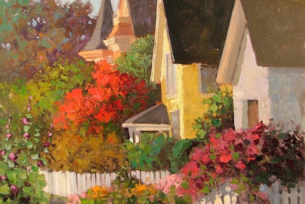 Arte de sean Wallis con casas, flores y una cerca