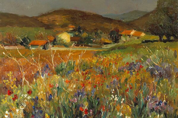 Paysage à l huile de Marcel dief champ de fleurs en Provence