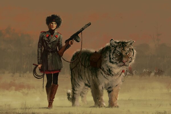 Chica con armas y un tigre con una correa de arte