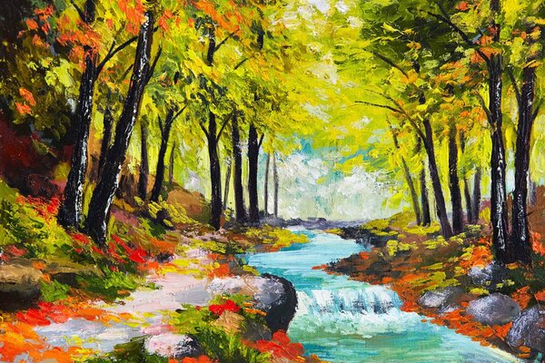 Peinture de la rivière d Azur au milieu de la forêt d automne