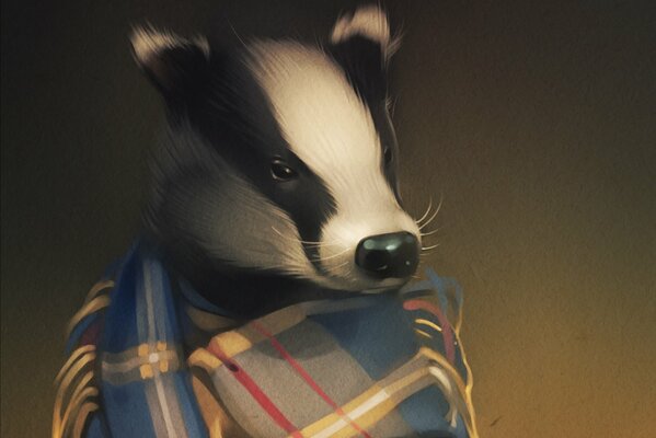 A painted badger wrapped in a blanket