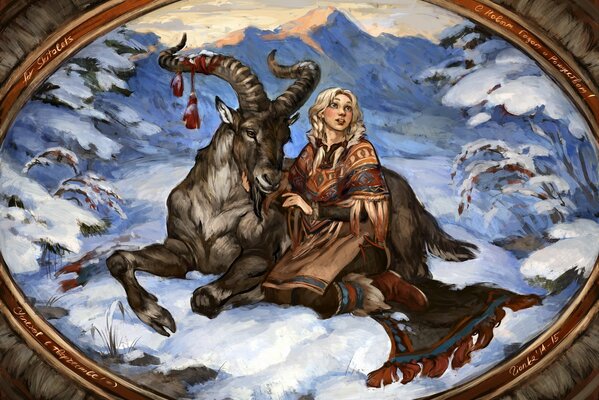 Image of a girl sitting astride a goat