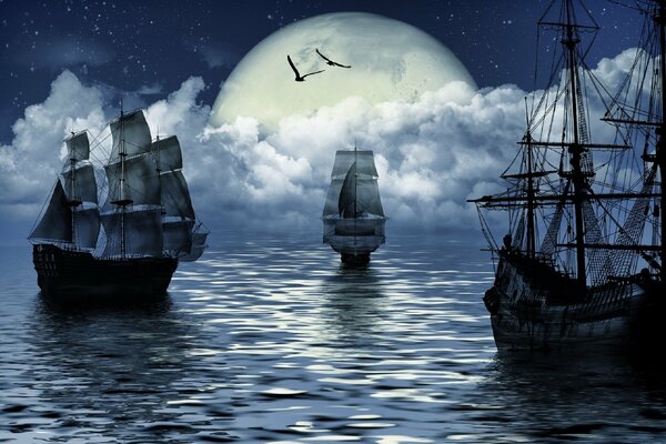 Fantasy-Schiff beim Mond