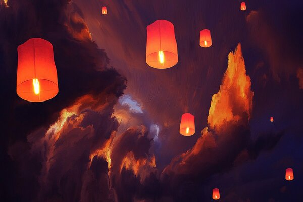 The sky lit up with a lot of paper lanterns