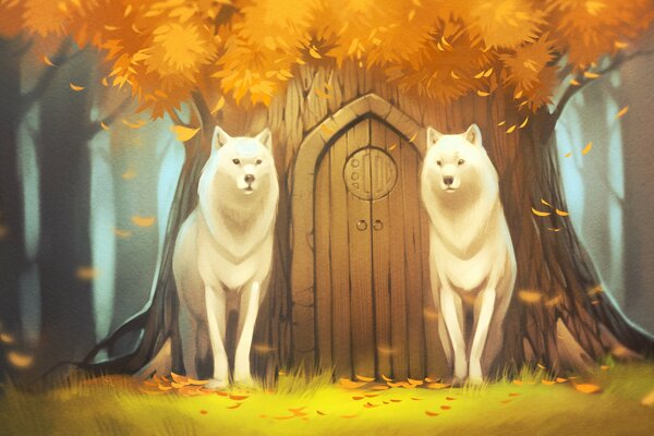 White wolves in the autumn forest