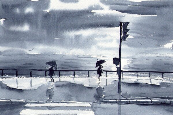 Aquarell mit regnerischer Promenade bei schlechtem Wetter