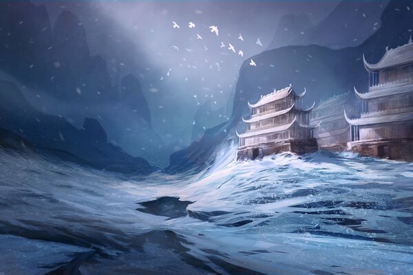 Asian temple winter landscape