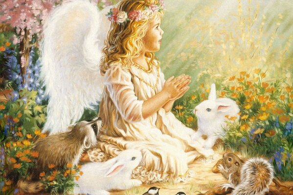 Baby angel sitting with squirrels, hares, birds