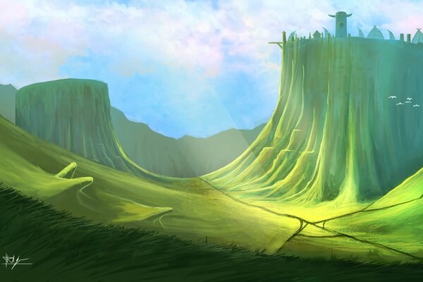 Castle art on a green grassy slope