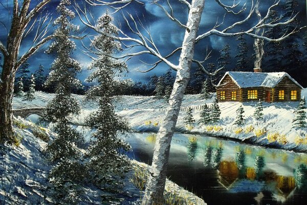 A picturesque winter landscape with a river and a house